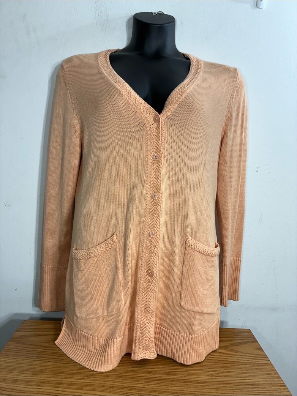Isaac Mizrahi Peach Button-Front Knit Cardigan pockets NWOT